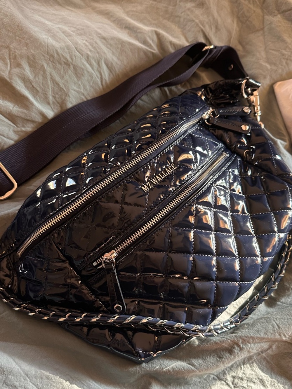 MZ Wallace Quilted Patent Crossbody Belt Bag - Navy - like new